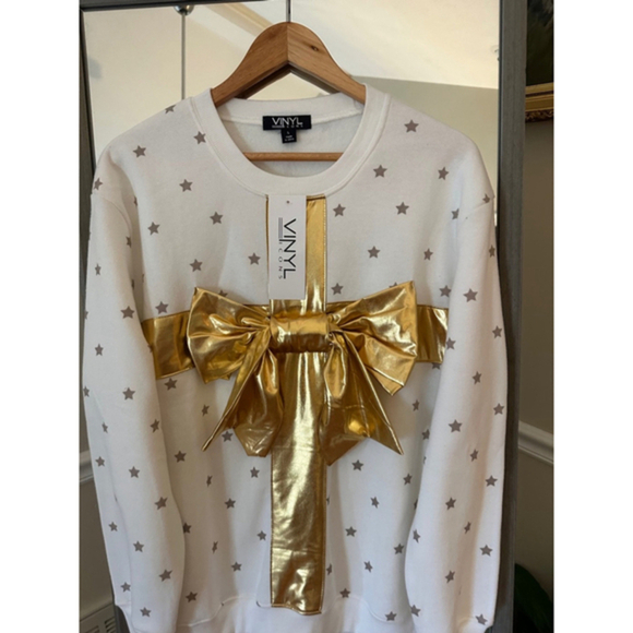 VINYL Holiday Christmas Sweatshirt Women’s Large White Gold Bow Ugly Sweater - Picture 5 of 7